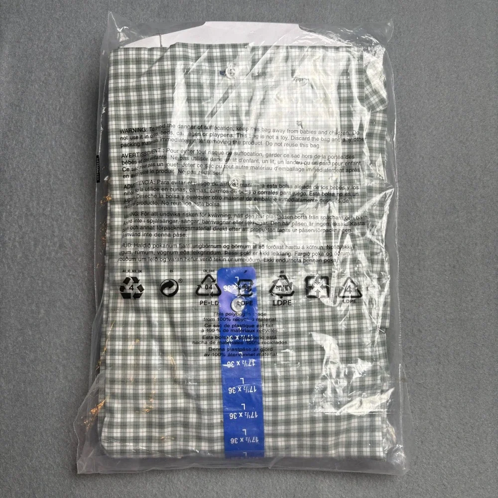 Banana Republic Mens Non Iron Slim Fit Dress Shirt Green Gingham 17.5 x 36 L